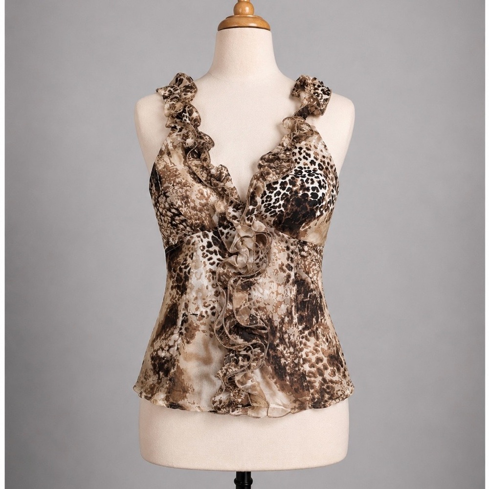 Y2K Animal Print Ruffle HalterTop, Vintage MYTH Size M Leopard Baddie Mobwife